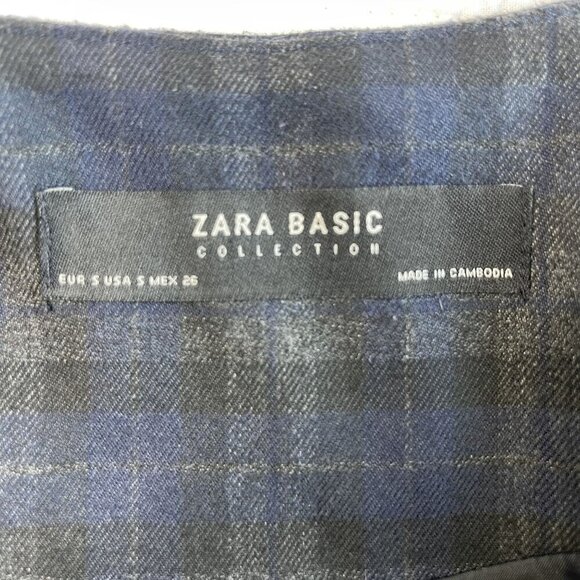 ZARA Basic Plaid Jacket SZ S Modern Crop Ruffle Bell Sleeve Blazer Navy Black - Picture 9 of 10